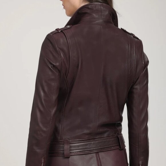 DANIER Juliette Genuine Leather Moto Jacket in Bordeaux - Picture 2 of 15